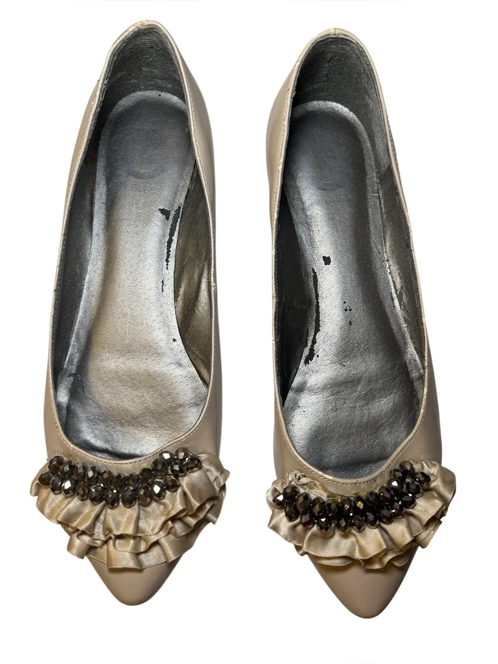 G by Guess Women's Nude Pointed Ballet Flats Ruffle Rhinstone Detail Size